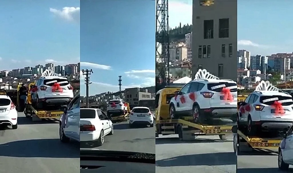 Düğün arabasını çekiciye yükleyip şehir turu attılar