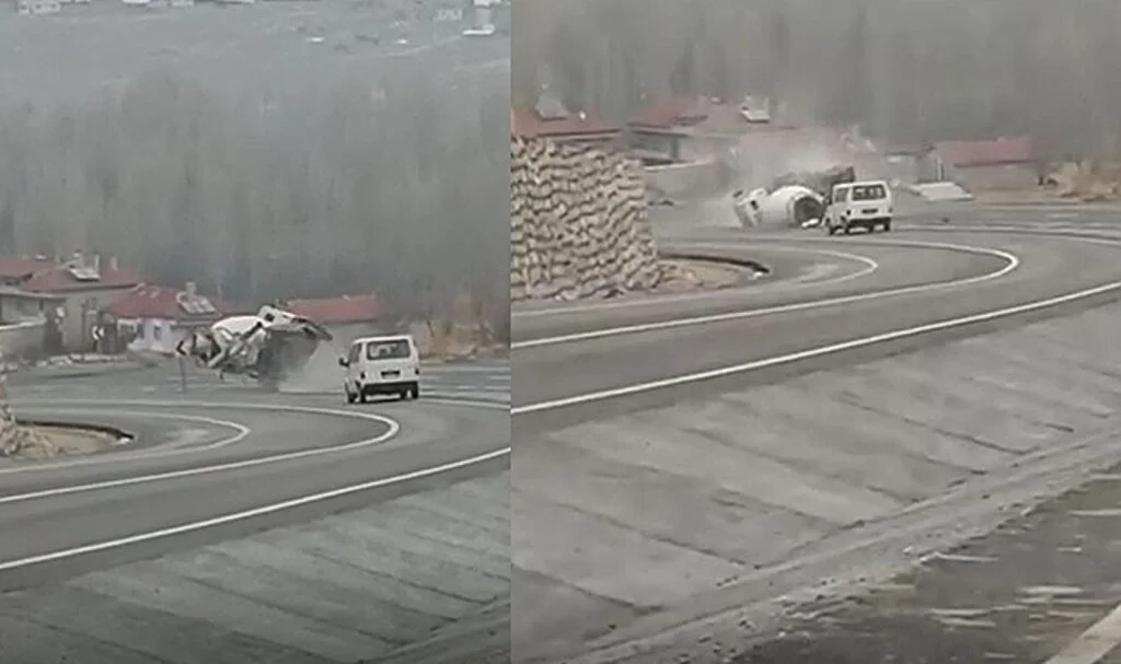 Freni boşalan beton mikserinin devrilme anı cep telefonu kamerasında