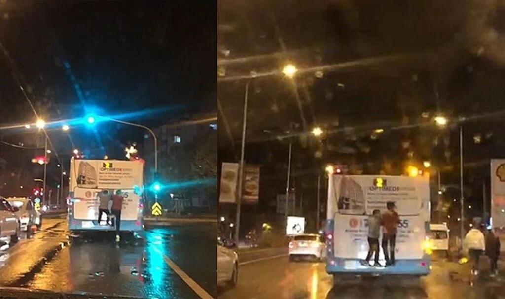 Otobüsün arkasına tutunan çocukların tehlikeli yolculuğu pes dedirtti