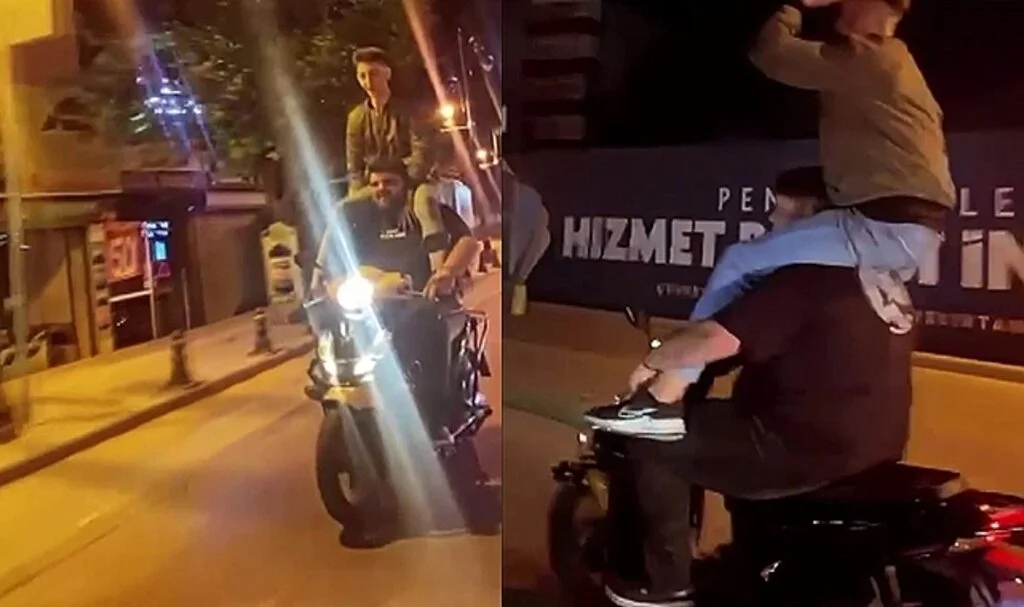 Pendik’te motosiklet sürücüsü koltukta, yolcu ise sürücünün omuzlarında yolculuk etti