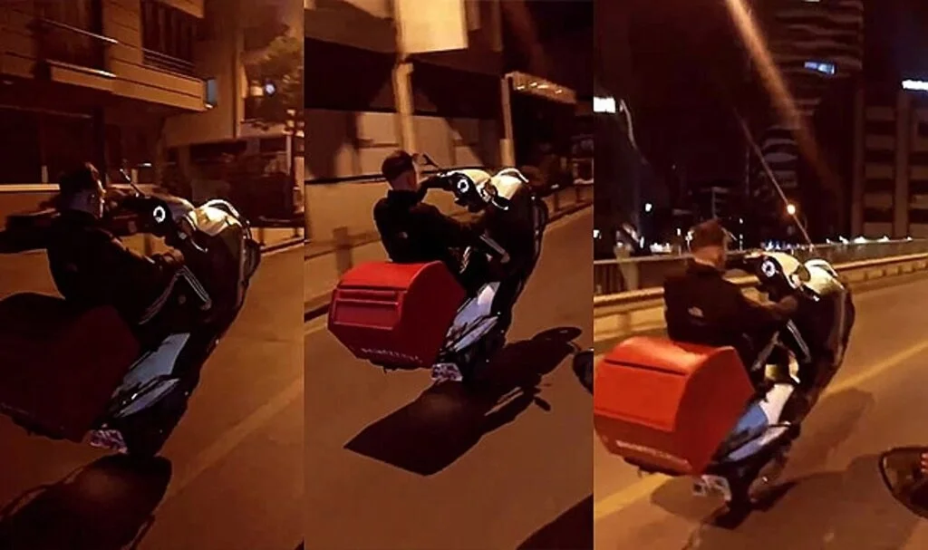 Pendik'te motosikletlinin tek teker üzerinde tehlikeli yolculuğu kamerada