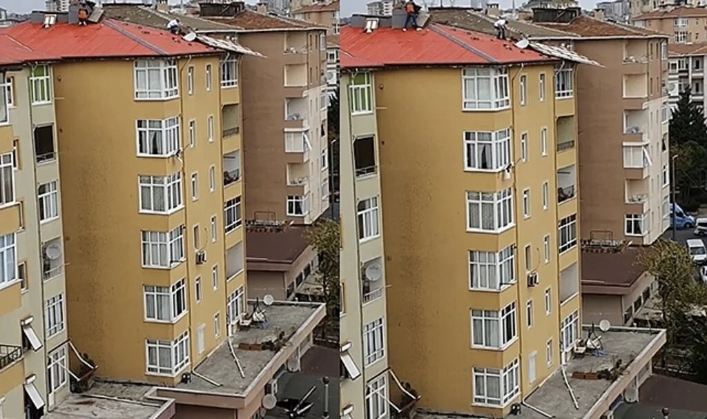 Ümraniye’de pes dedirten görüntü: Çatı parçalarının uçmaması için canlarını hiçe saydılar