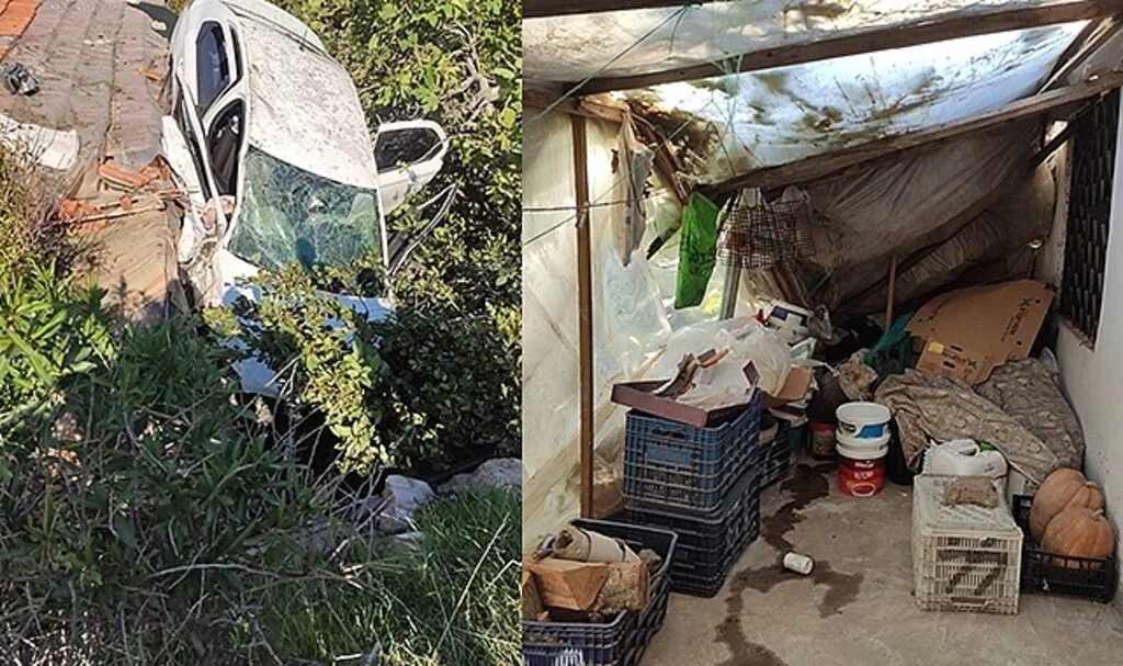 Yoldan çıkan otomobil sundurmanın üzerine düştü: 1'i ağır 2 yaralı