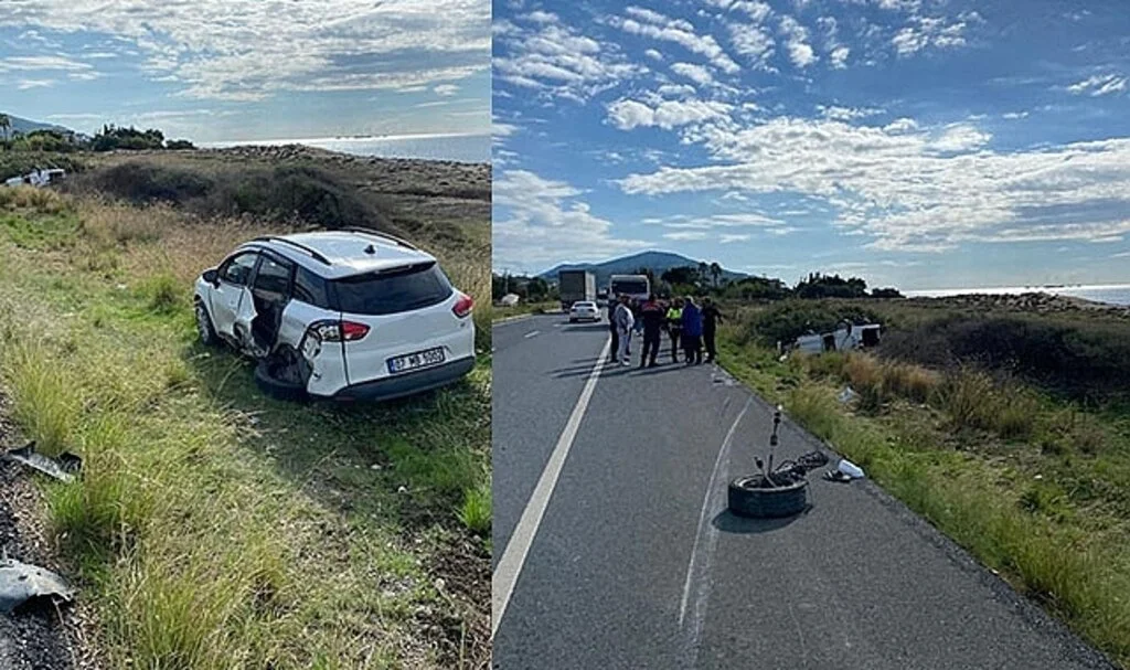 Alanya’da çarpışan otomobiller şarampole savruldu