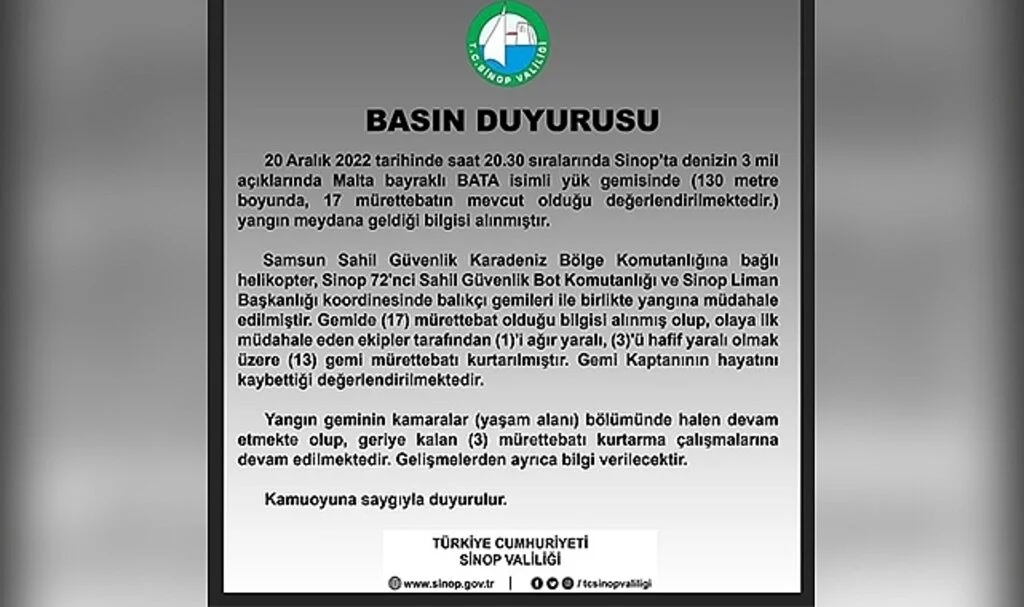Sinop Valiliğinden Kuru Yük Gemisi Yangını Açıklaması