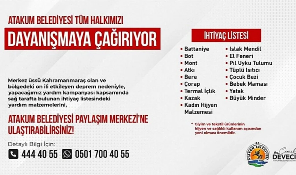 Atakum Belediyesi’nden Dayanışma Çağrısı
