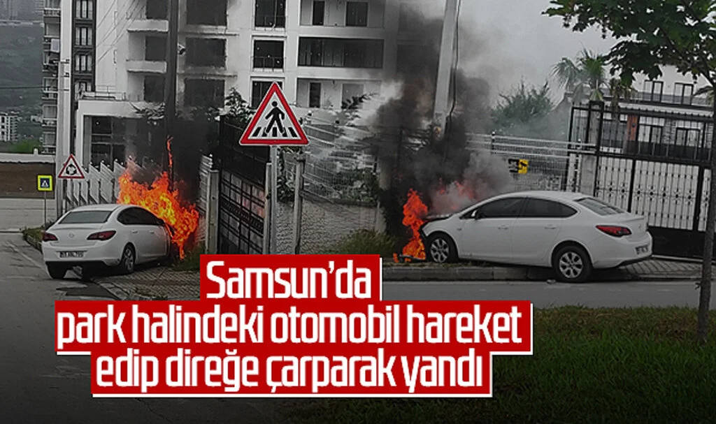 Samsun'da park halindeki otomobil hareket edip direğe çarparak yandı