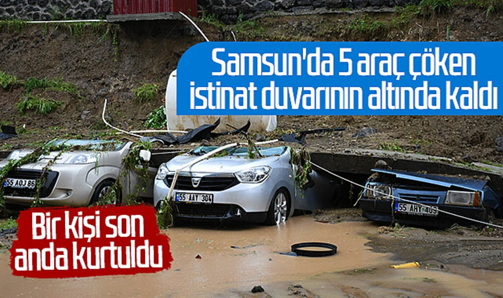 Samsun'da 5 araç çöken istinat duvarının altında kaldı! Bir kişi son anda kurtuldu...
