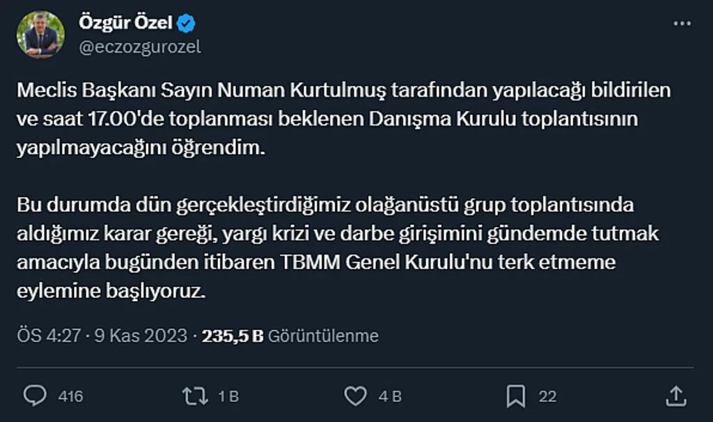 CHP Genel Başkanı Özgür Özel: TBMM Danışma Kurulu toplanmayacak, CHP eyleme başlıyor