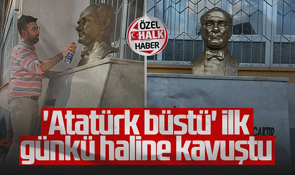 Necatibey İlkokulu'ndaki 'Atatürk Büstü' İlk Günkü Haline Kavuştu