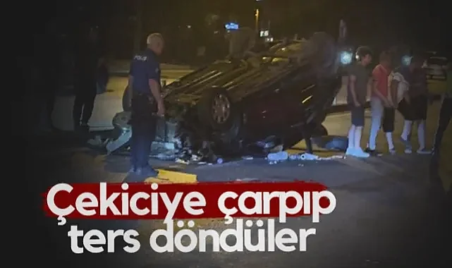 Tekkeköy'de Çekiciye Çarpan Otomobil Ters Döndü