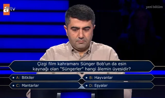 Kim Milyoner Olmak İster’de herkesi şaşırtan soru: Çizgi film kahramanı Sünger Bob'unda esin kaynağı olan süngerler hangi alemin üyesidir?