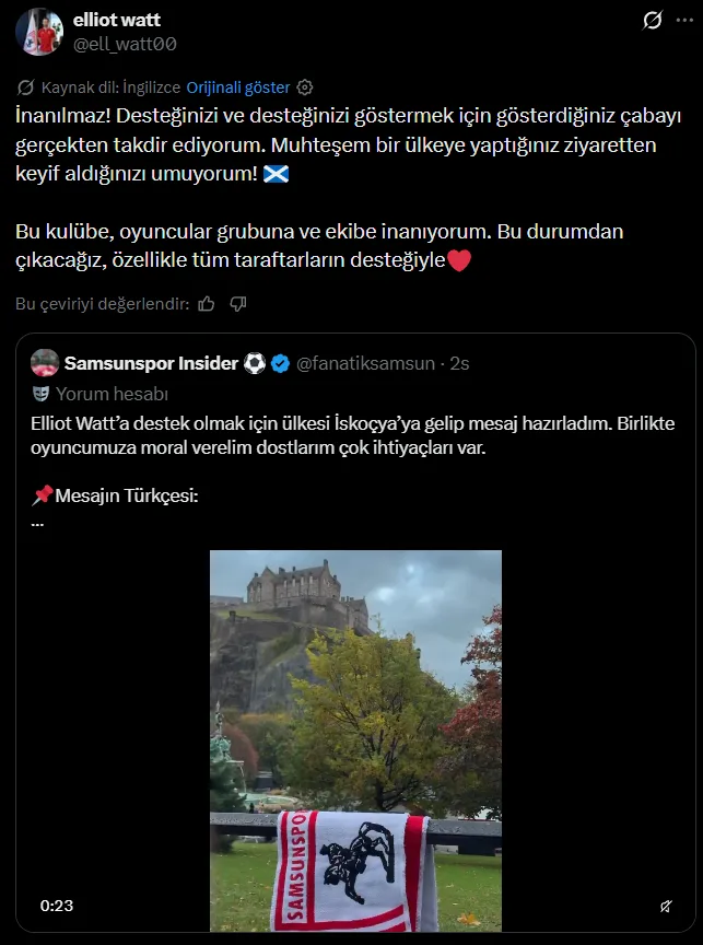 Samsunspor taraftarından Elliot Watt'a memleketinden destek