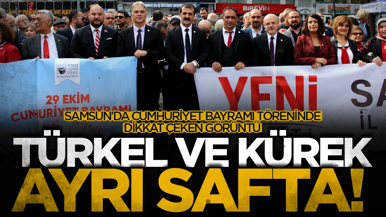 Cumhuriyet Bayramı töreninde dikkat çeken görüntü: Atakum Belediye Başkanı Serhat Türkel ve İlçe Başkanı Adem Kürek ayrı safta