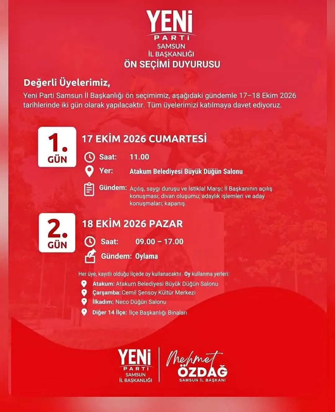 Yeni Parti Samsun'da sandığa gidiyor! Ön seçim tarihi belli oldu