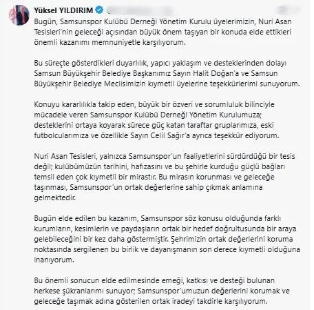 Samsunspor Başkanı Yıldırım'dan Nuri Asan kararı sonrası teşekkür mesajı
