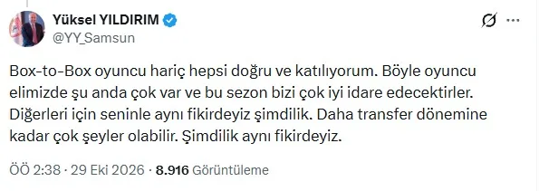 Samsunspor Başkanı Yüksel Yıldırım'dan gece yarısı transfer mesajı