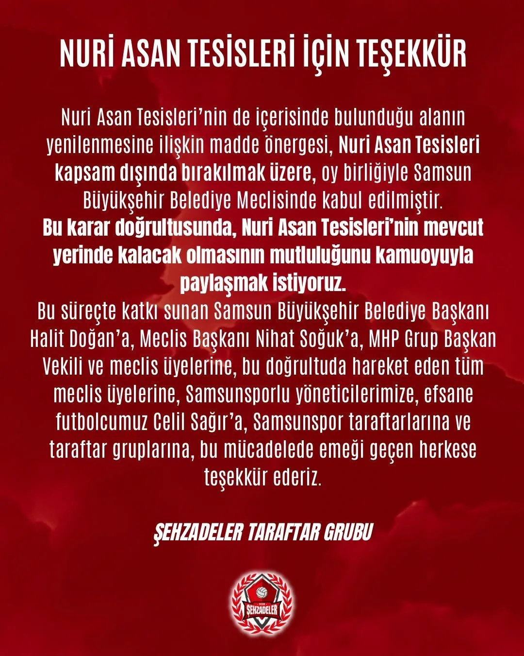 Samsunspor taraftar gruplarından Nuri Asan Tesisleri kararı sonrası teşekkür mesajı!
