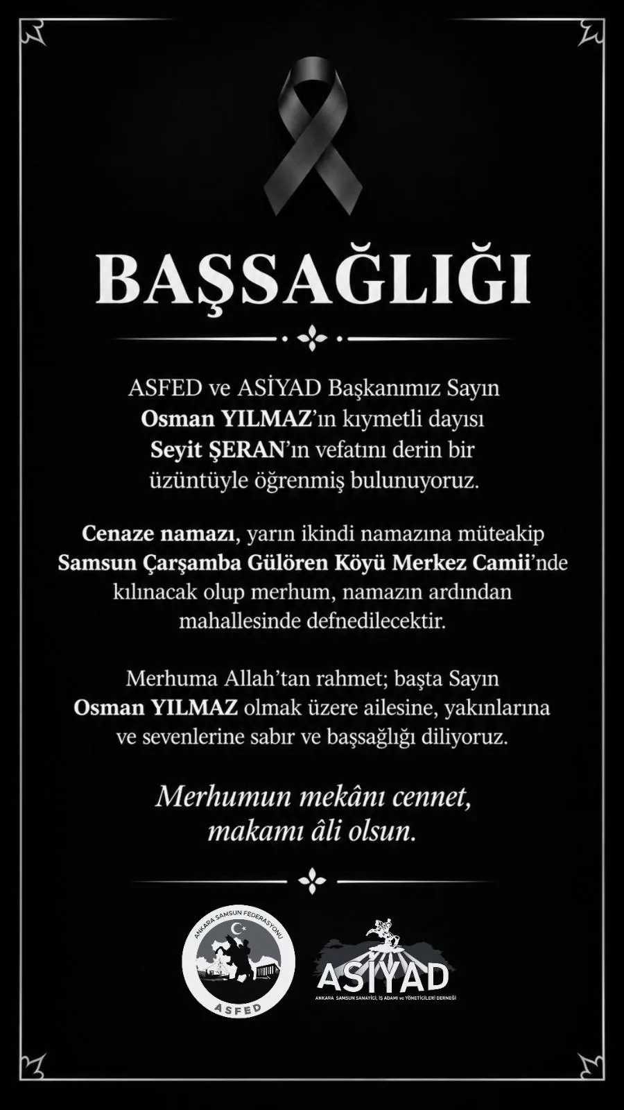 ASFED ve ASİYAD Başkanı Osman Yılmaz’ın acı günü: Dayısı Seyit Şeran hayatını kaybetti