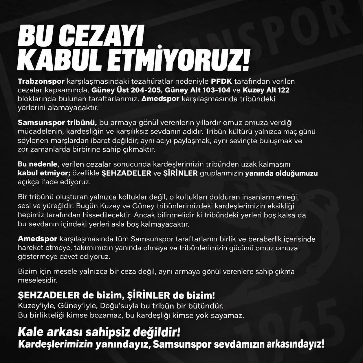 Samsunspor tribünlerinden PFDK cezalarına tepki!