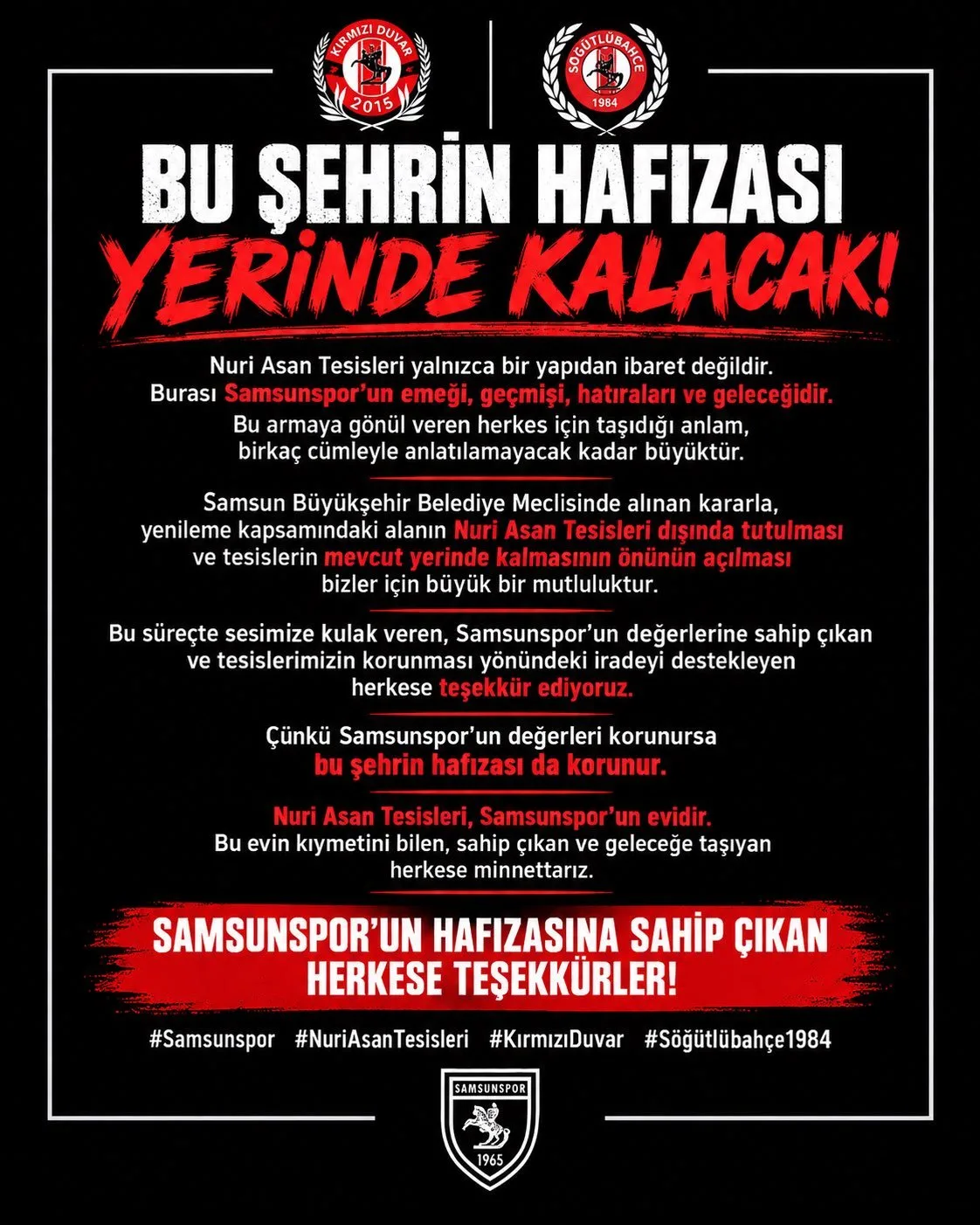 Samsunspor taraftar gruplarından Nuri Asan Tesisleri kararı sonrası teşekkür mesajı!