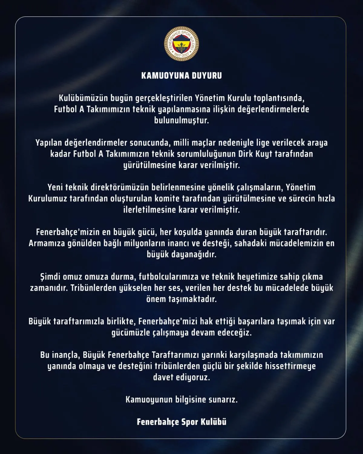 Fenerbahçe'den resmi açıklama: Takımın başına kim geçiyor?